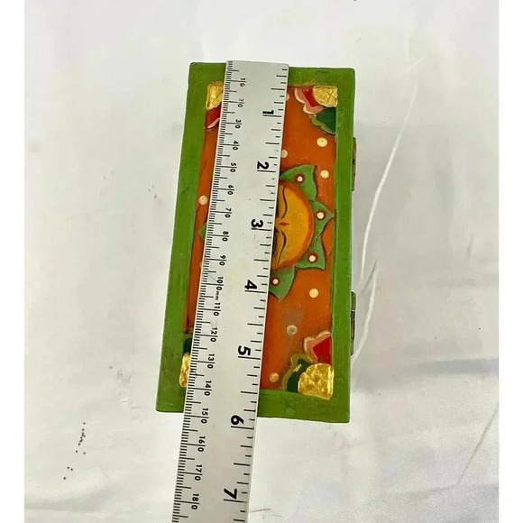 VTG Carved Hand Painted Wooden Box Sun Folk Art Design Green Orange Boho - Picture 11 of 12